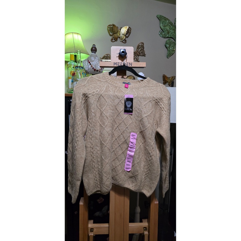 Vince Camuto Womens Tan Diamond Cable Knit Crew Neck Sweater Small NWT